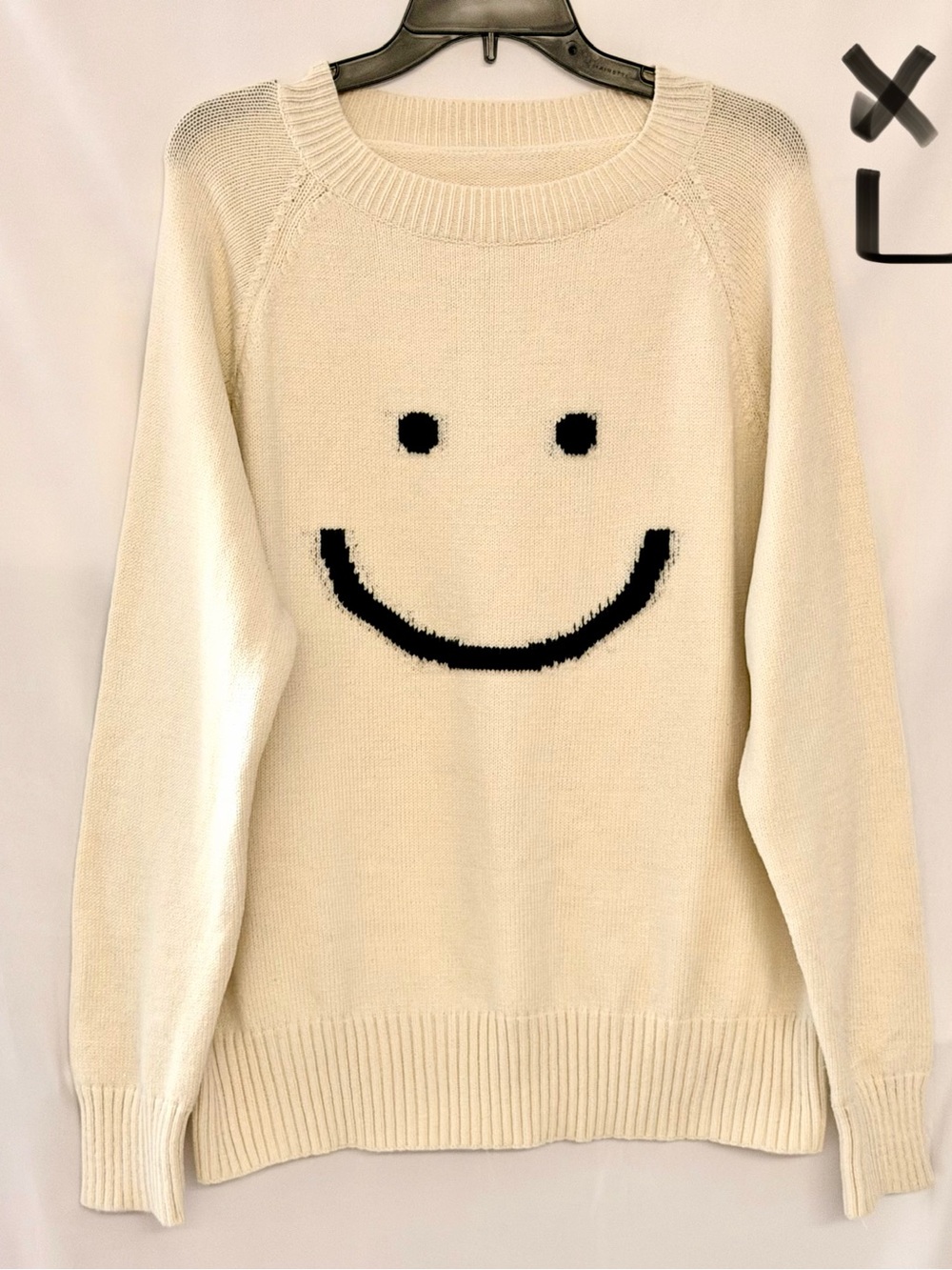 Unbranded Cream Crewneck Sweater with Black Smiley Face